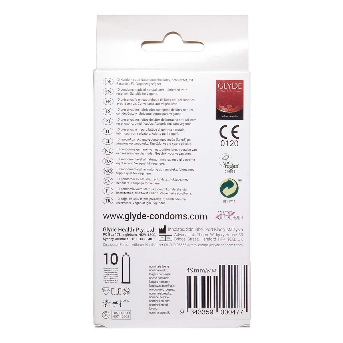 Glyde Vegan Condom Slimfit 49mm 10's Pack Latex Condom-p_3